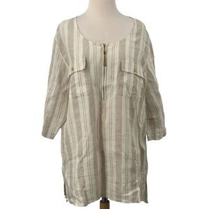 Ellen Tracy Womens Linen Hi-Low Roll Tab Sleeve Cream Beige Stripe Tunic Boho XL